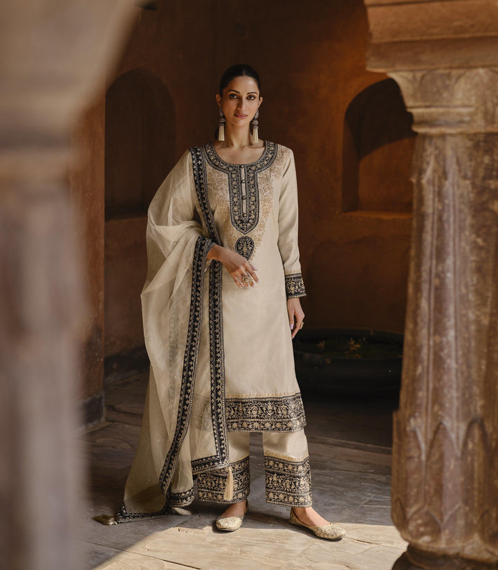 Evening Partywear Ivory Silk Designer Pants Kurta Suit - Fashion Nation