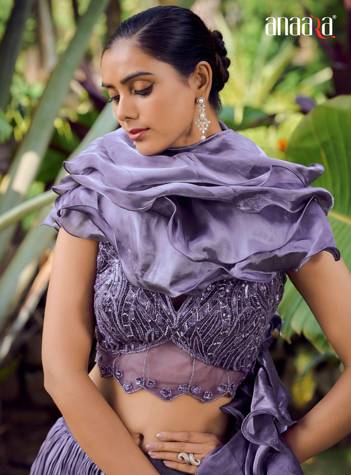 Evening Partywear Lilac Silk Layered Skirt & Crop Top - Fashion Nation