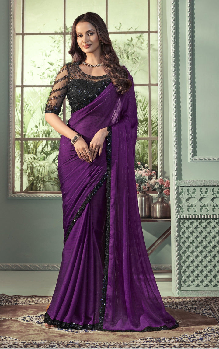 Cocktail Wear Purple Georgette SIlk Saree | Black Sequins Blouse - Fashion Nation