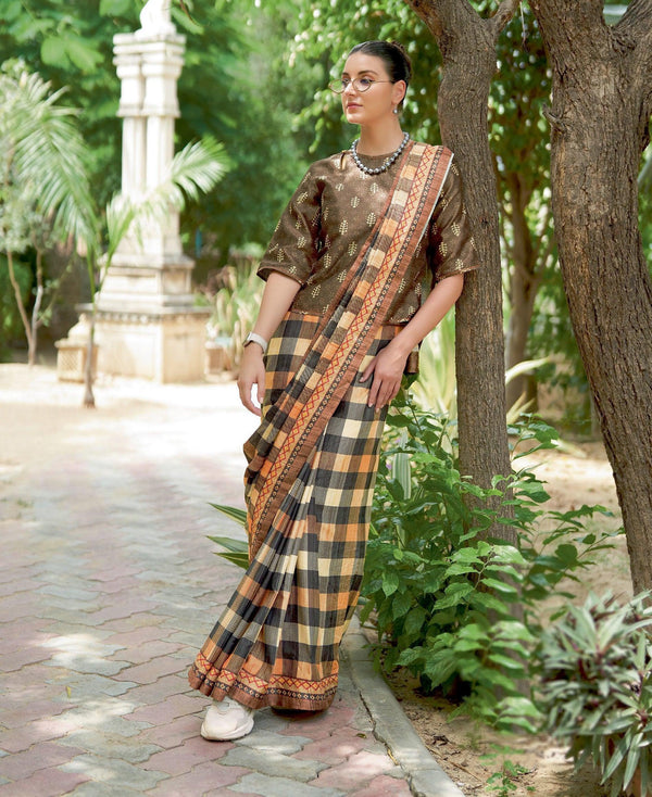 Casual Wear Multicoloured Checks Patterned Silk Saree With 2 Blouses - Fashion Nation