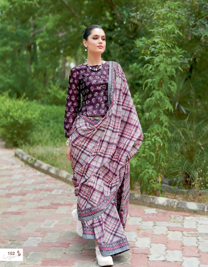 Purple Checks Pattern Silk Sari | Double Blouse | For Everyday Fashion - Fashion Nation