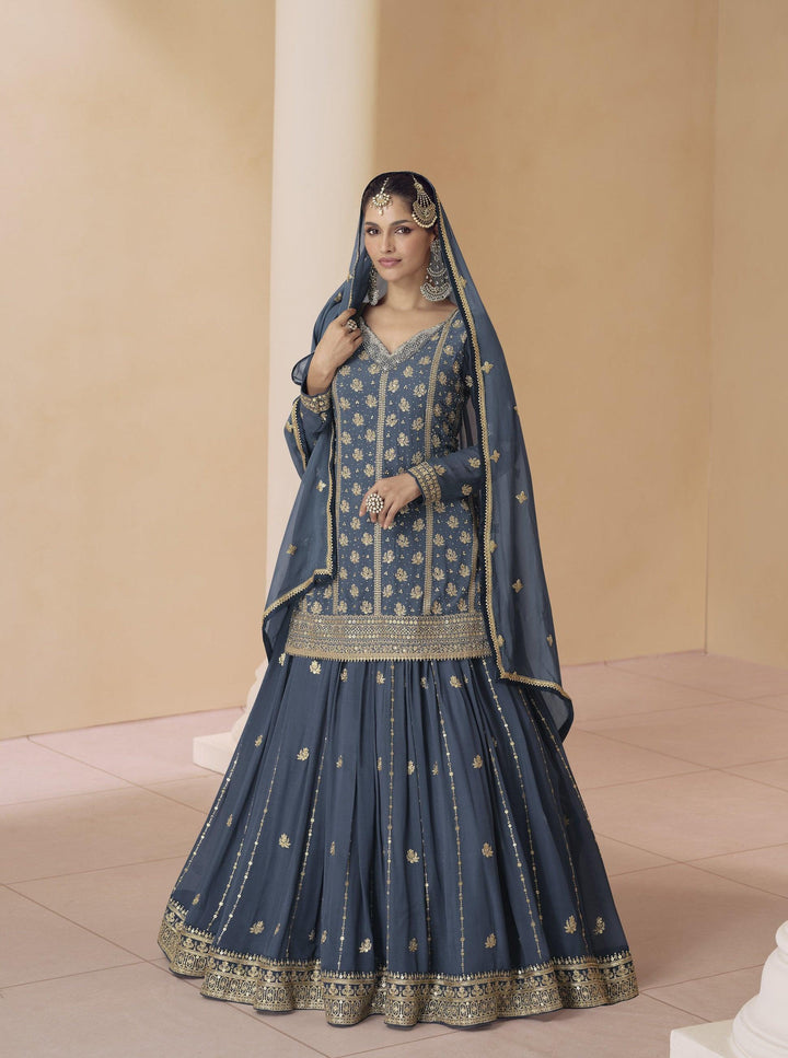 Festive Blue Georgette Traditional Lehenga Top Set - Fashion Nation