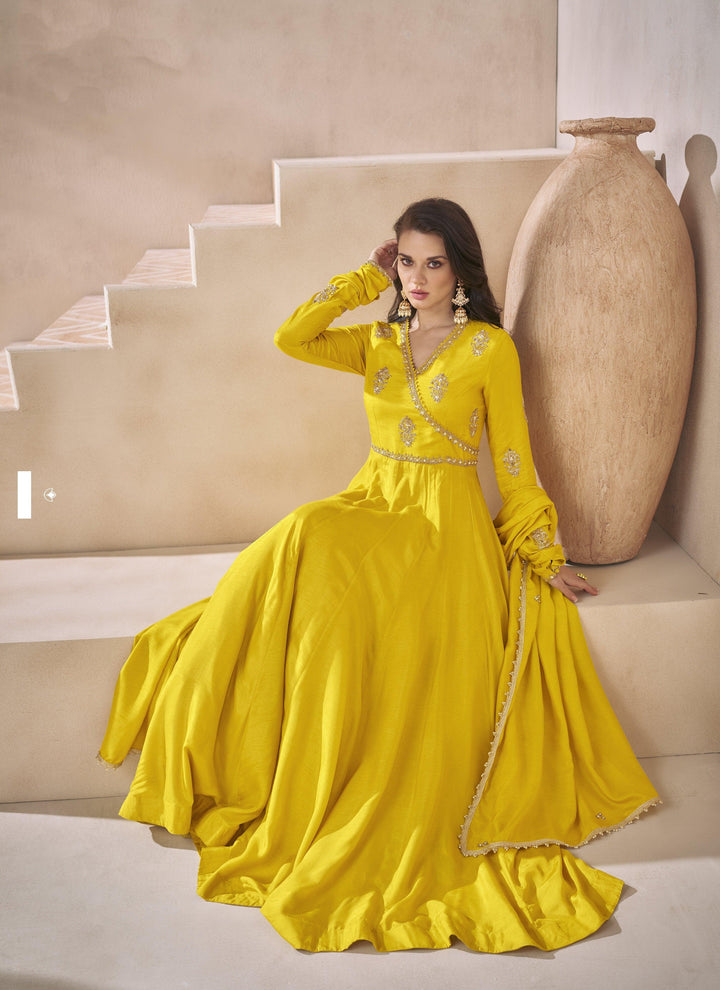 Yellow Silk Stitched Fusion Fashion Angarkha Haldi Partywear Long Gown - Fashion Nation