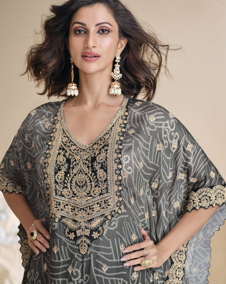 indo western kaftan party dress with bandhej print