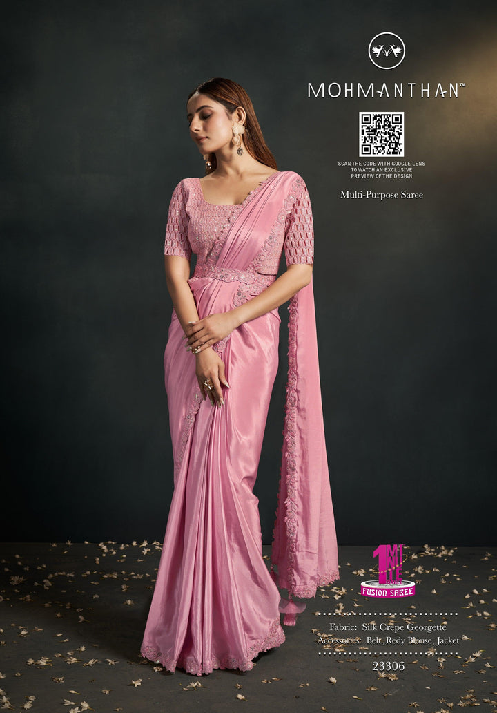 Designer Crepe Pink Saree with Jacket - Fashion Nation
