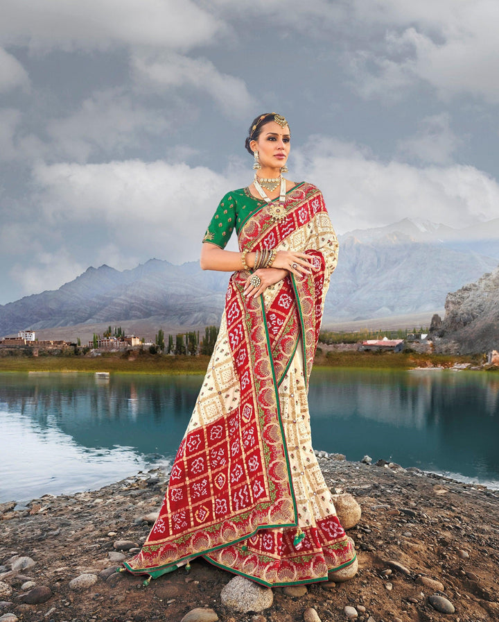 Sangeet Wear Off-White Gajji Silk Bandhej Kutchi Ethnic Saree - Fashion Nation