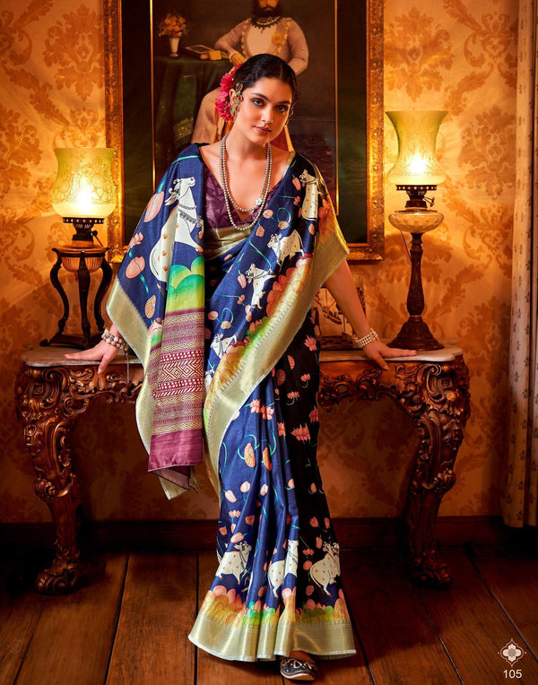 Classic Cultural Pechhavai Art Motifs Printed Blue Manipuri Silk Saree - Fashion Nation