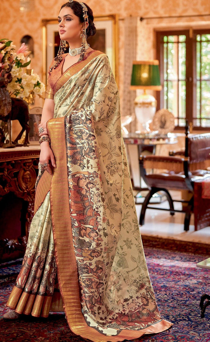 Artistic Heritage Pattachitra Printed Manipuri Silk Beige Saree - Fashion Nation