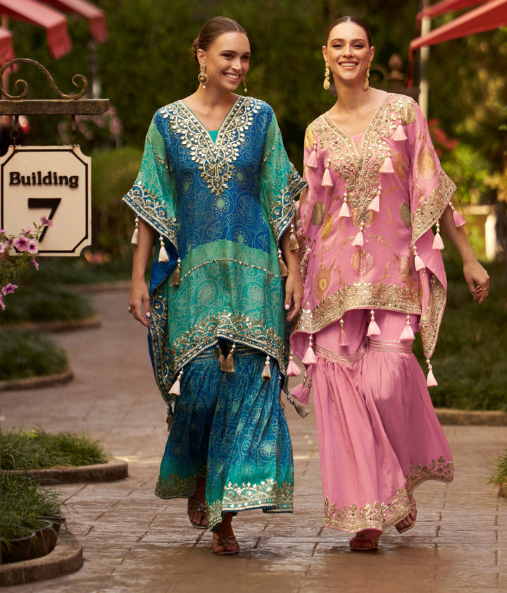 celebrations indian wear shaded bandhej print uneven kaftan gharara suit