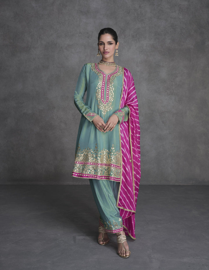 Celebration Wear Silk Pants Kurta Suit For Sagaai Party In Blue & Pink - Fashion Nation