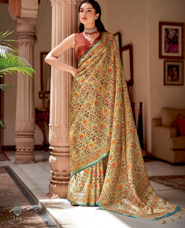 Silk Multi-Colour Digital Print Fashionable Banarasi Zari Saree - Fashion Nation