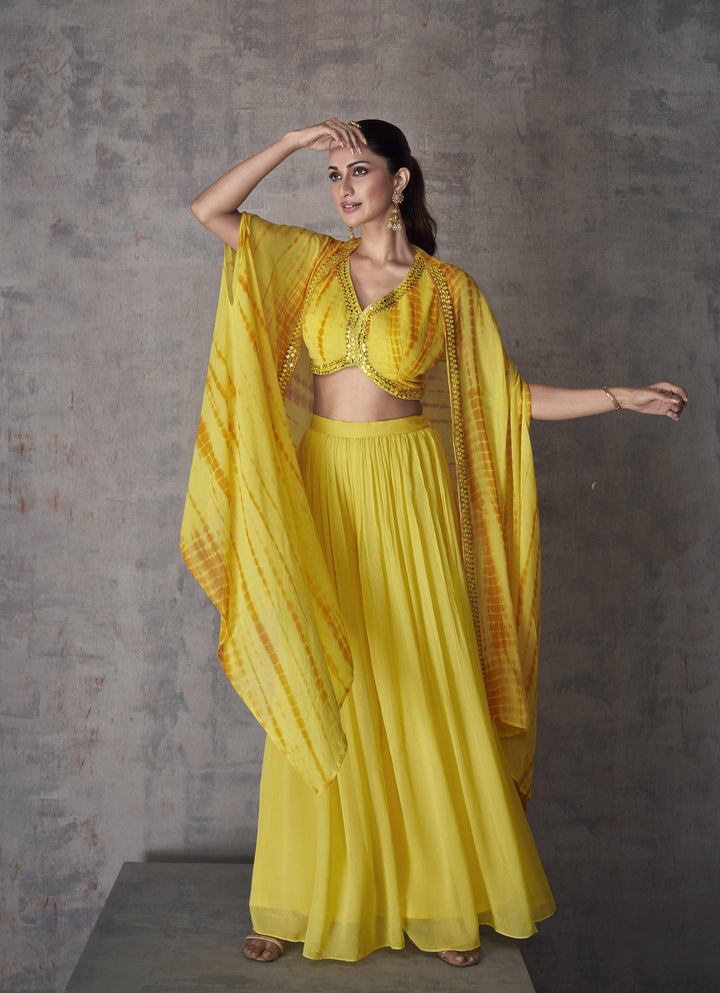 Haldi Wear Yellow Georgette Festive Tie-Dye Crop Top Shrug Set - Fashion Nation