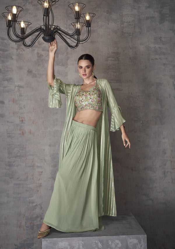 Mehendi Wear Green Georgette Fusion Readymade Crop Top Shrug Set - Fashion Nation