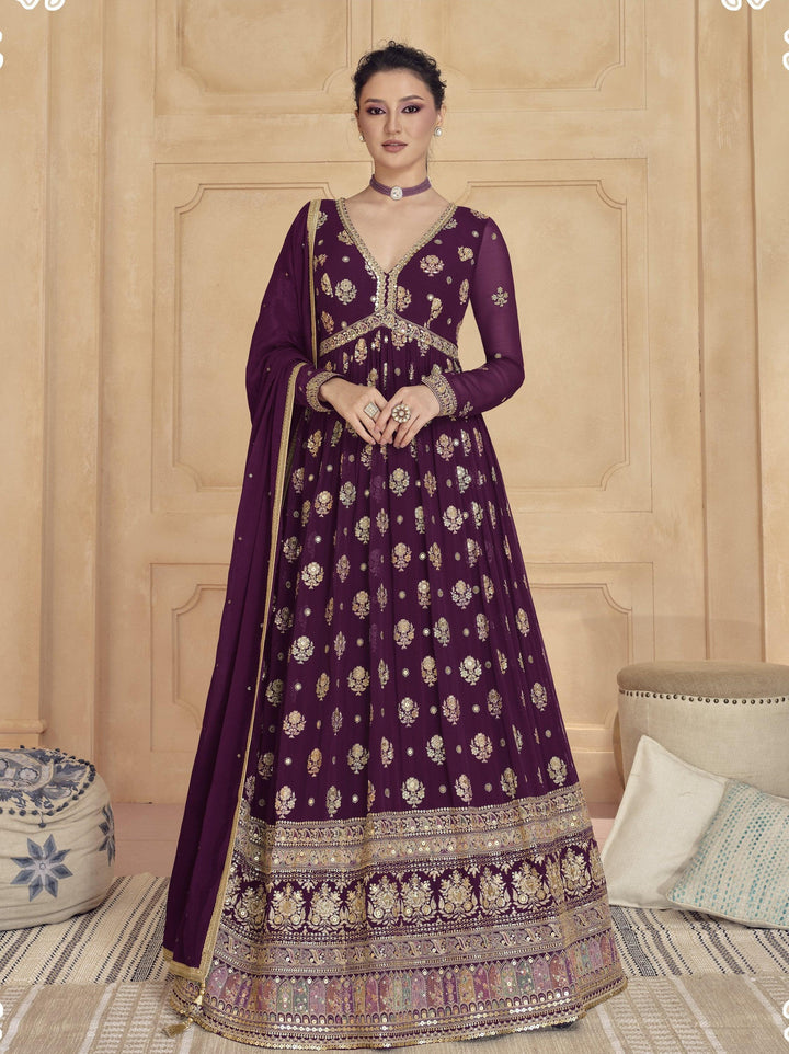 Designer Purple Georgette Anarkali Gown For Sagaai Ceremony - Fashion Nation