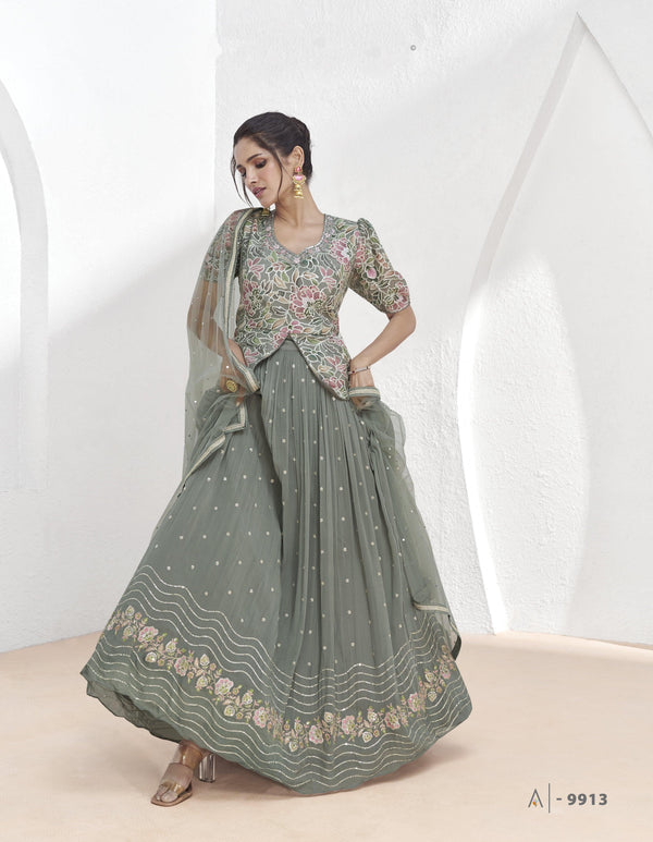 Grey Georgette Fusion Fashion Engagement Wear Lehenga Choli - Fashion Nation