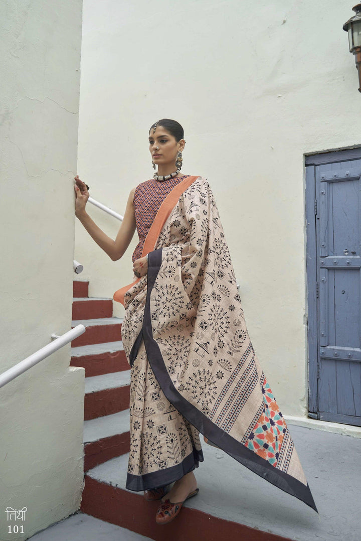 Casual Wear Off-White Knitted Silk Warli Print Saree - Fashion Nation