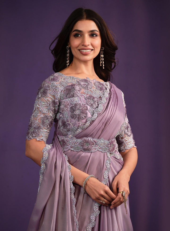 All Occasion Wear Lilac Crepe Pre-Stitched Sari with Belt - Fashion Nation