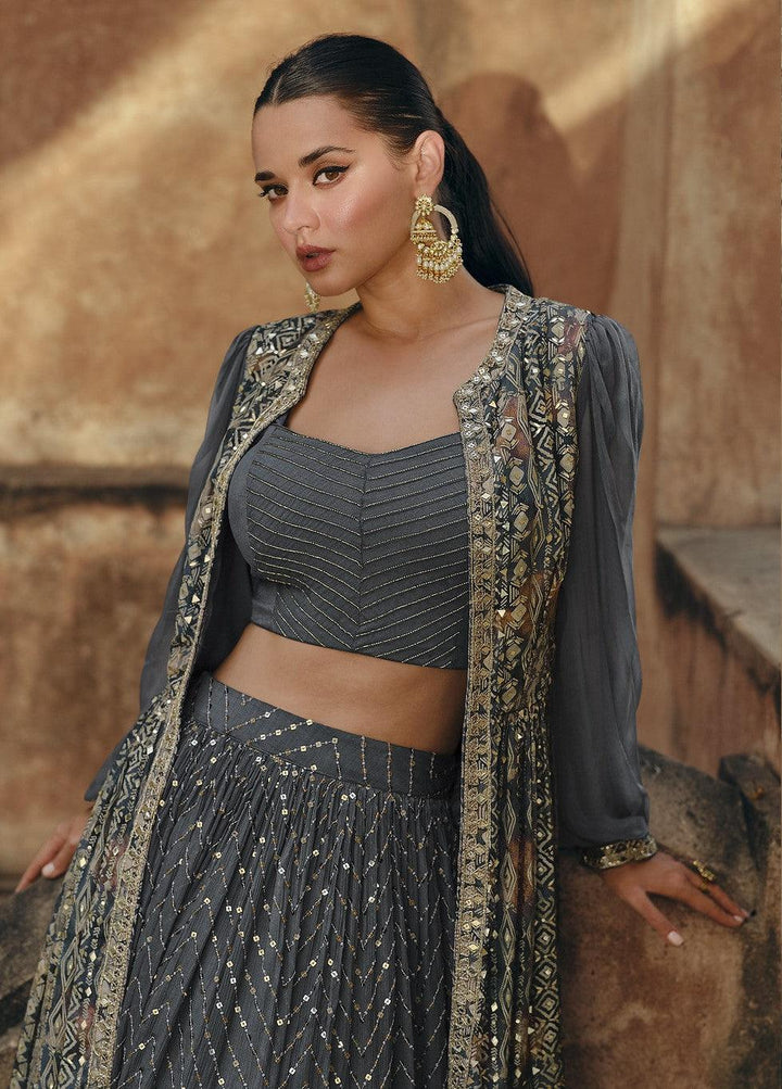 Party Wear Grey Silk Indo Western Shrug Crop Top Set - Fashion Nation