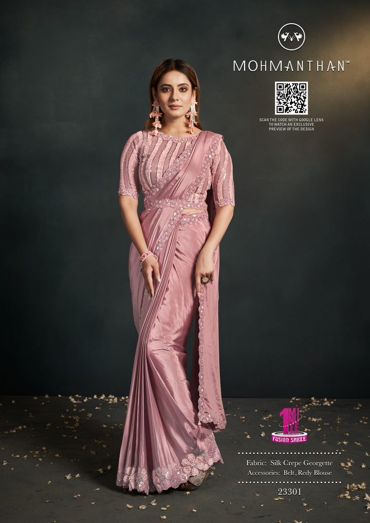 Cocktail Party Wear Crepe Saree with Belt - Fashion Nation