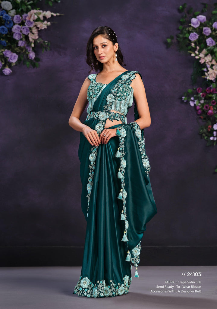 Partywear Emerald Green Crepe Silk Pre-Stitched Saree | Corset Blouse - Fashion Nation