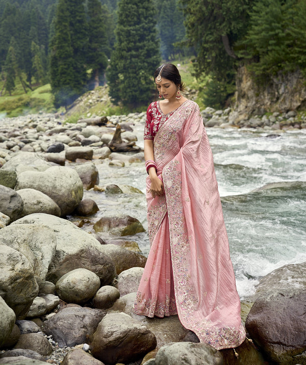 zari work pink silk saree for marriage functions wear