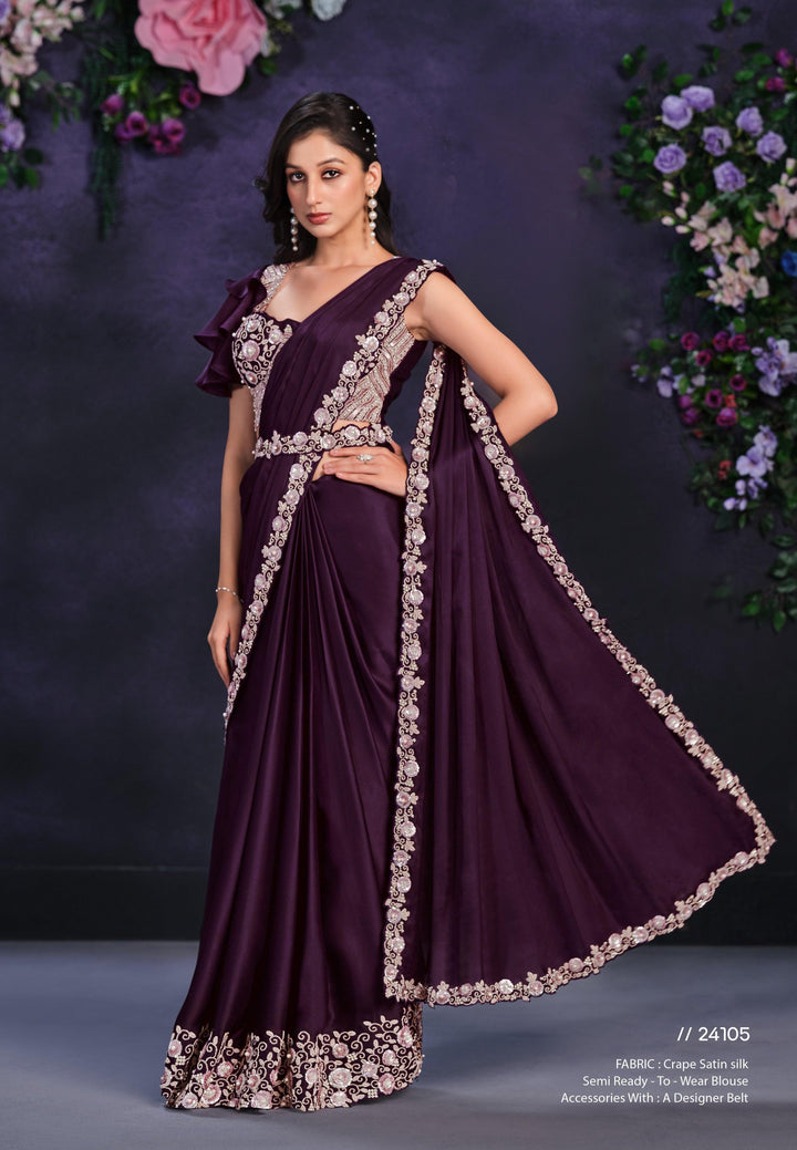 Purple Satin Reception Partywear One Minute Sari With Corset Blouse - Fashion Nation