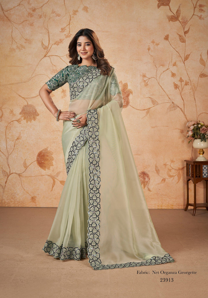 Mehendi Partywear Organza Georgette Stylish Saree | Embroidered Blouse - Fashion Nation