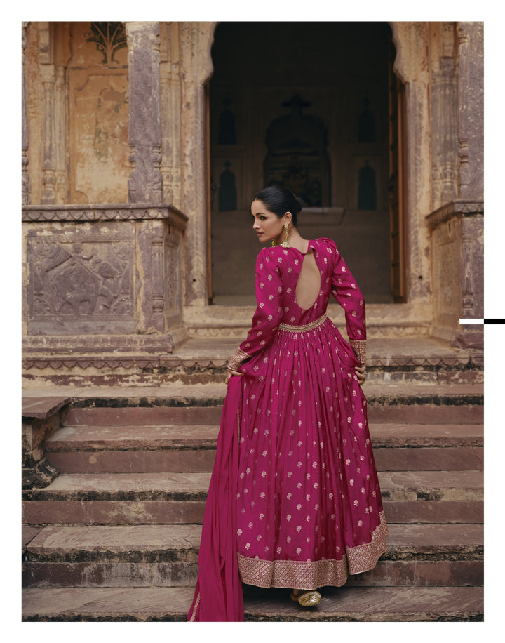 Marriage Wear Pink Silk Indo Western Anarkali Gown - Fashion Nation