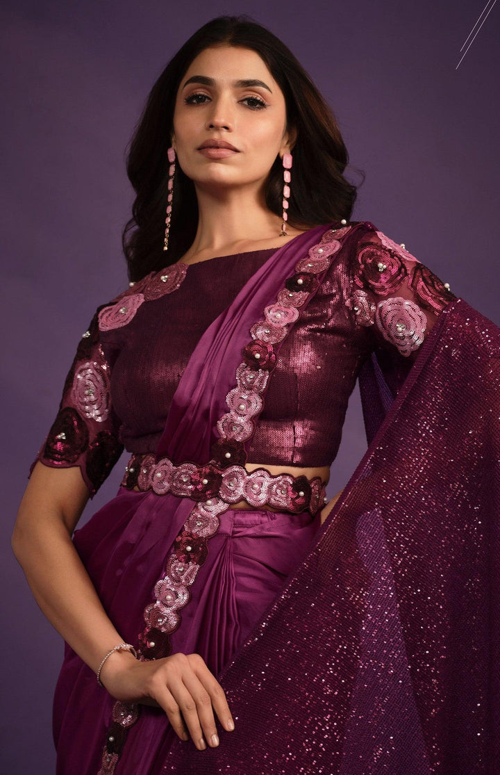 Bachelorette Partywear Burgundy Crepe Fusion Sari with Belt - Fashion Nation