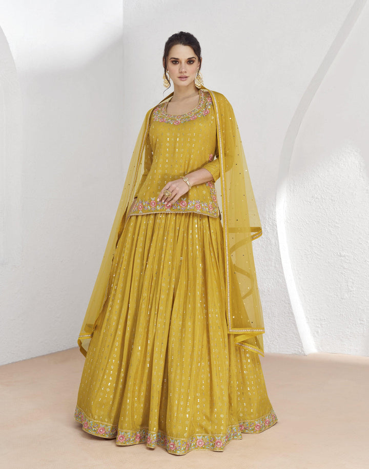 Yellow Georgette Indo Western Long Skirt Top Set For Haldi Partywear - Fashion Nation