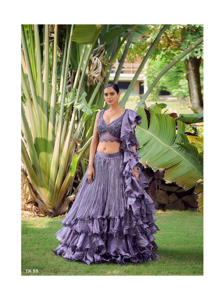 Evening Partywear Lilac Silk Layered Skirt & Crop Top - Fashion Nation