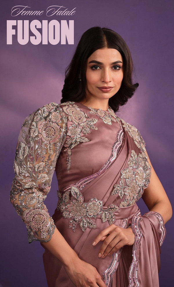 Reception Wear Mauve Satin Crepe Pre-Stitched Sari with Belt | Readymade Blouse - Fashion Nation