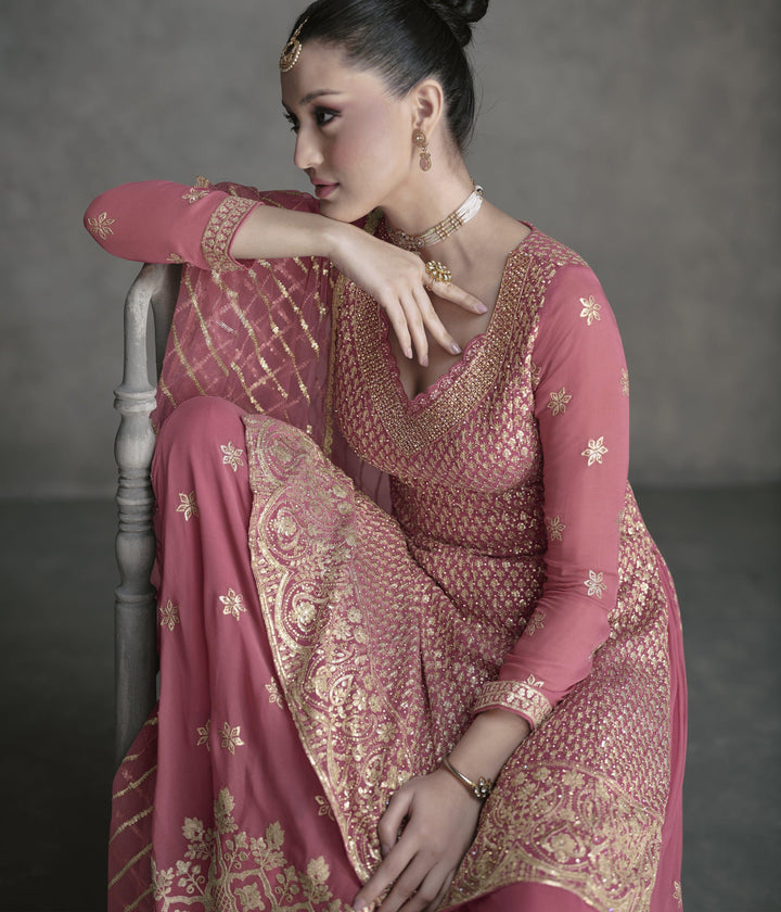 Afternoon Party Ready To Wear Pink Georgette Traditional Sharara Suit - Fashion Nation