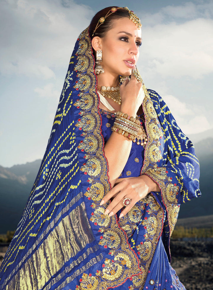 Wedding Special Blue Rajasthani Gajji Silk Kutchi Embroider Sari - Fashion Nation