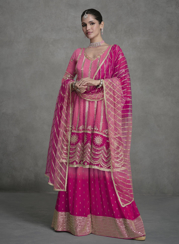 Festive Shaded Pink Georgette Sharara Suit For Engagement Wear - Fashion Nation