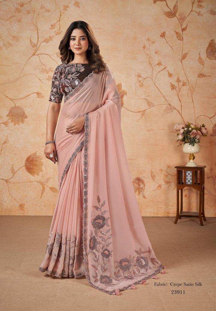 Reception Partywear Crepe Silk Designer Saree In Pink - Fashion Nation