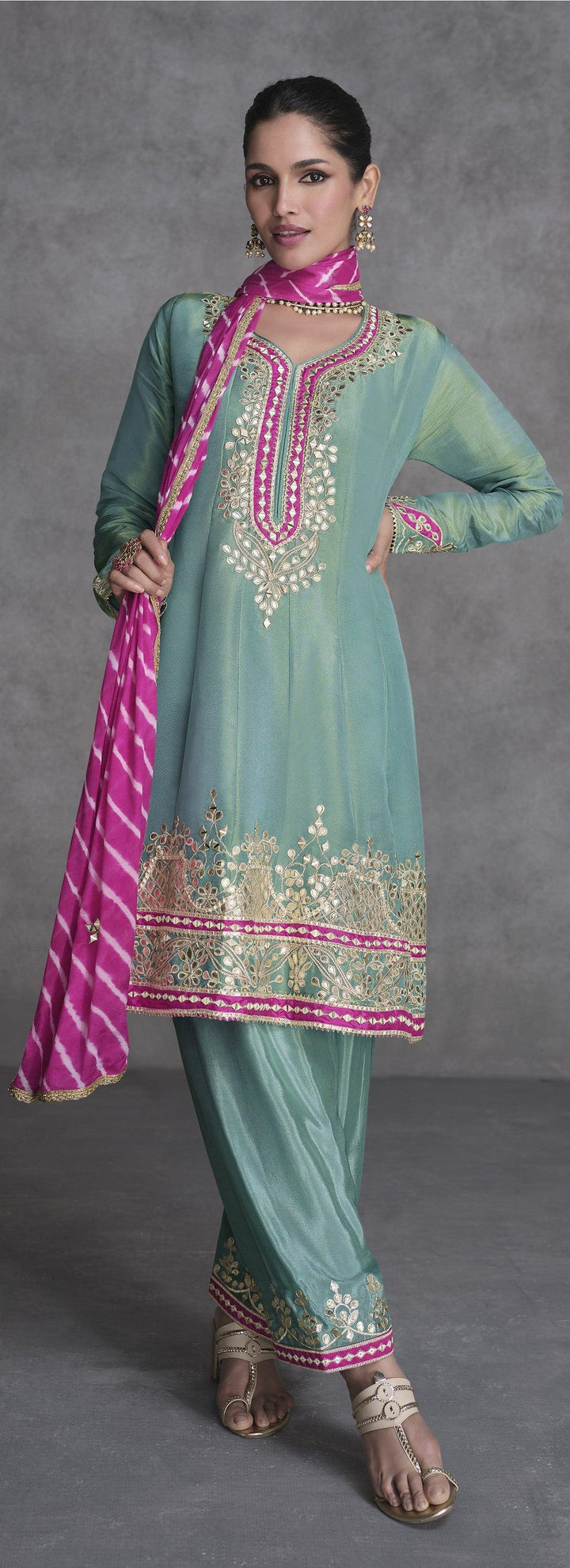 Celebration Wear Silk Pants Kurta Suit For Sagaai Party In Blue & Pink - Fashion Nation