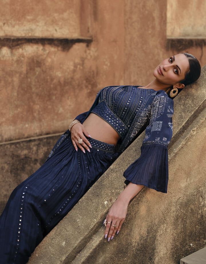 Engagement Wear Blue Silk Shrug Crop Top Skirt Set - Fashion Nation