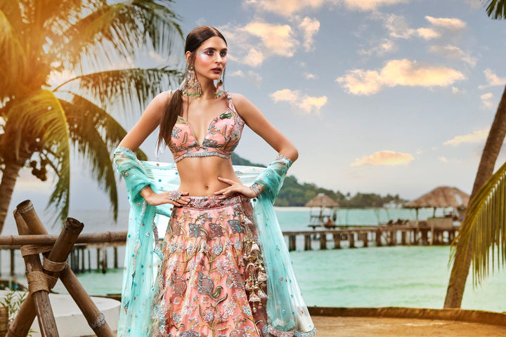 Designer Celebration Wear Peach Net Lehenga Choli - Fashion Nation