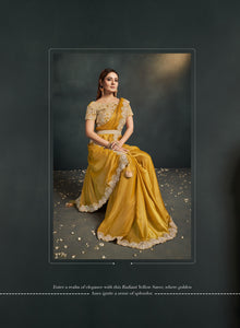 Haldi Wear Organza Crepe Yellow Sari with Belt