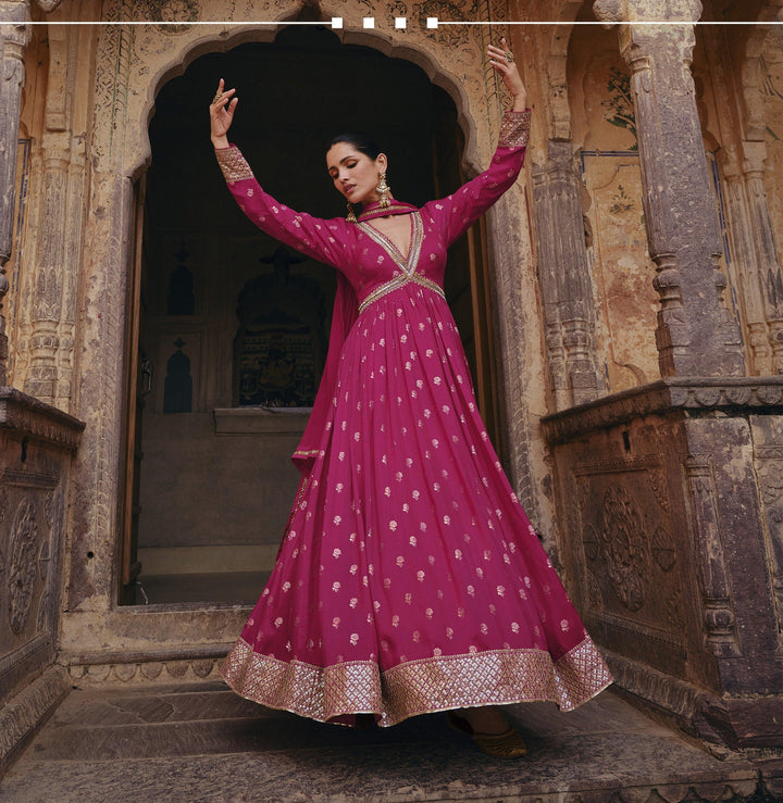 Marriage Wear Pink Silk Indo Western Anarkali Gown - Fashion Nation