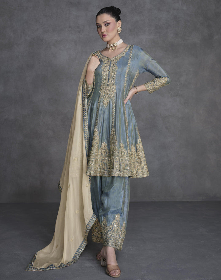 Occasion Wear Blue Organza Silk Designer Palazzo Kurta Suit - Fashion Nation