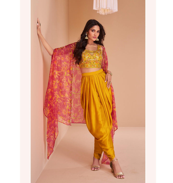 Haldi Function Yellow Indo-Western Dhoti Pants with Shrug - Fashion Nation