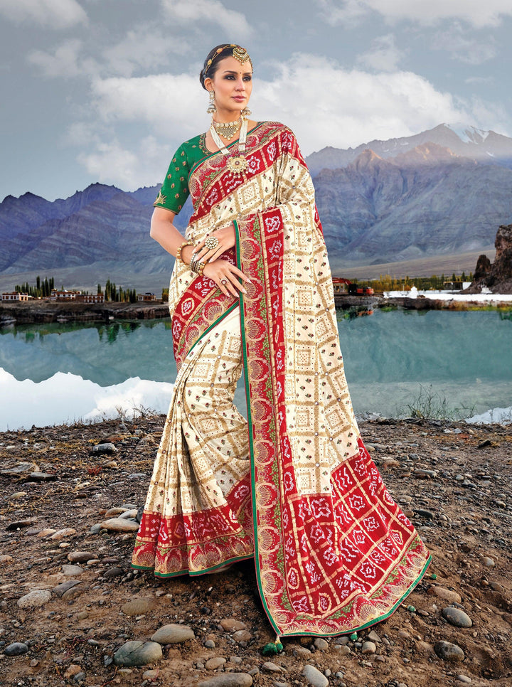 Sangeet Wear Off-White Gajji Silk Bandhej Kutchi Ethnic Saree - Fashion Nation
