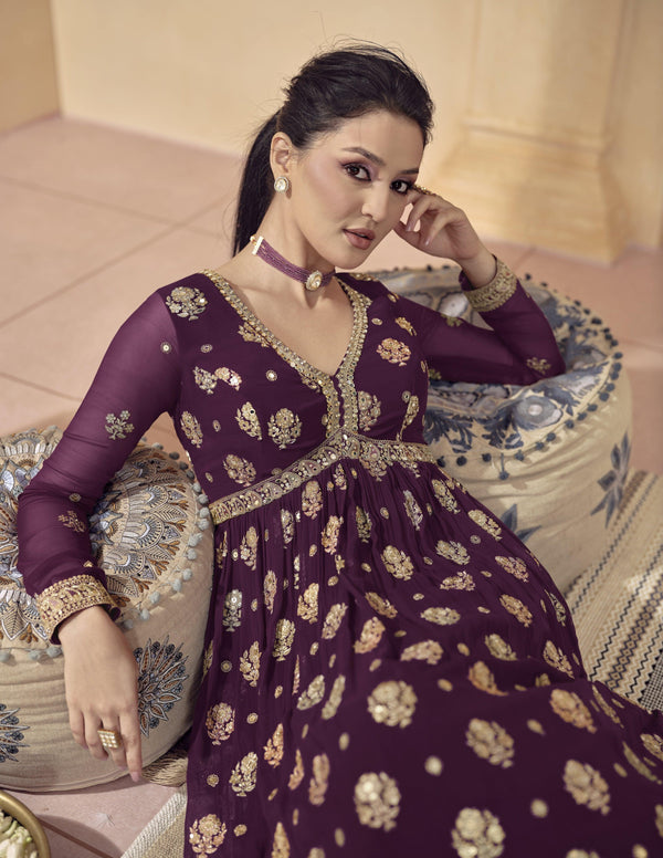 Designer Purple Georgette Anarkali Gown For Sagaai Ceremony - Fashion Nation