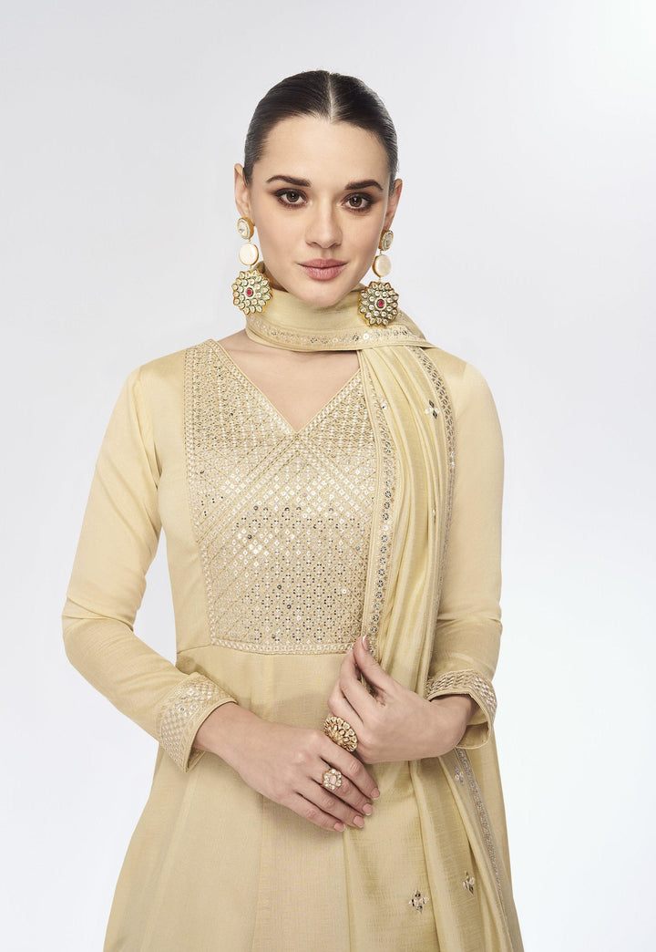 Indian Ethnic Beige Silk Fusion Fashion Ready-To-Wear Anarkali Gown - Fashion Nation