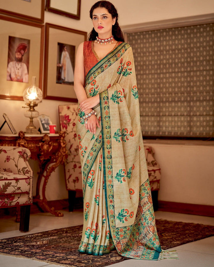 Digital Printed Mughal-Inspired Floral Designs On Banarasi Zari Silk Sari - Fashion Nation