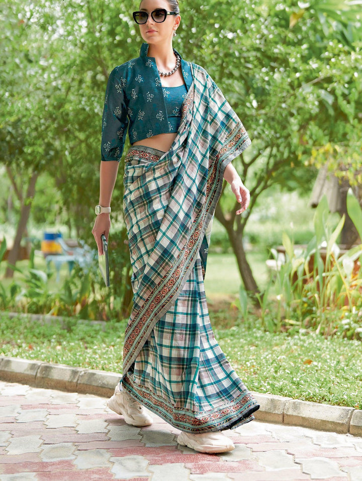 Daily Wear Blue Checks Patterned Silk Stylish Sari with 2 Tops - Fashion Nation