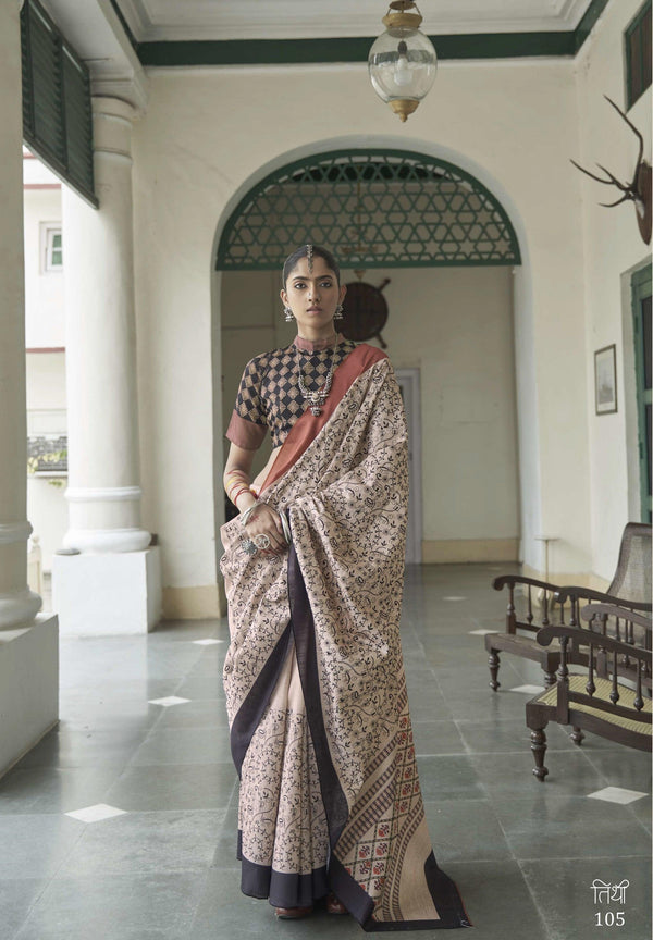 Off-White Casual Wear Knitted Silk Craftsmanship Sari |Traditional Warli Print - Fashion Nation