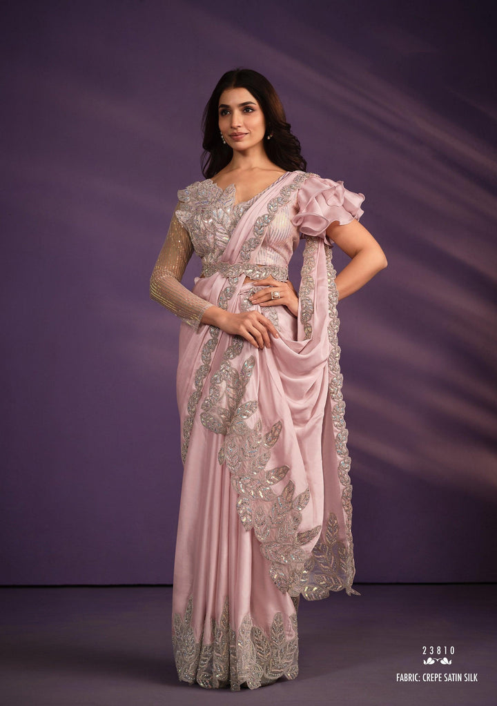 Engagement Pink Satin Crepe Pre-Stitched Sari | Ready To Wear Blouse - Fashion Nation